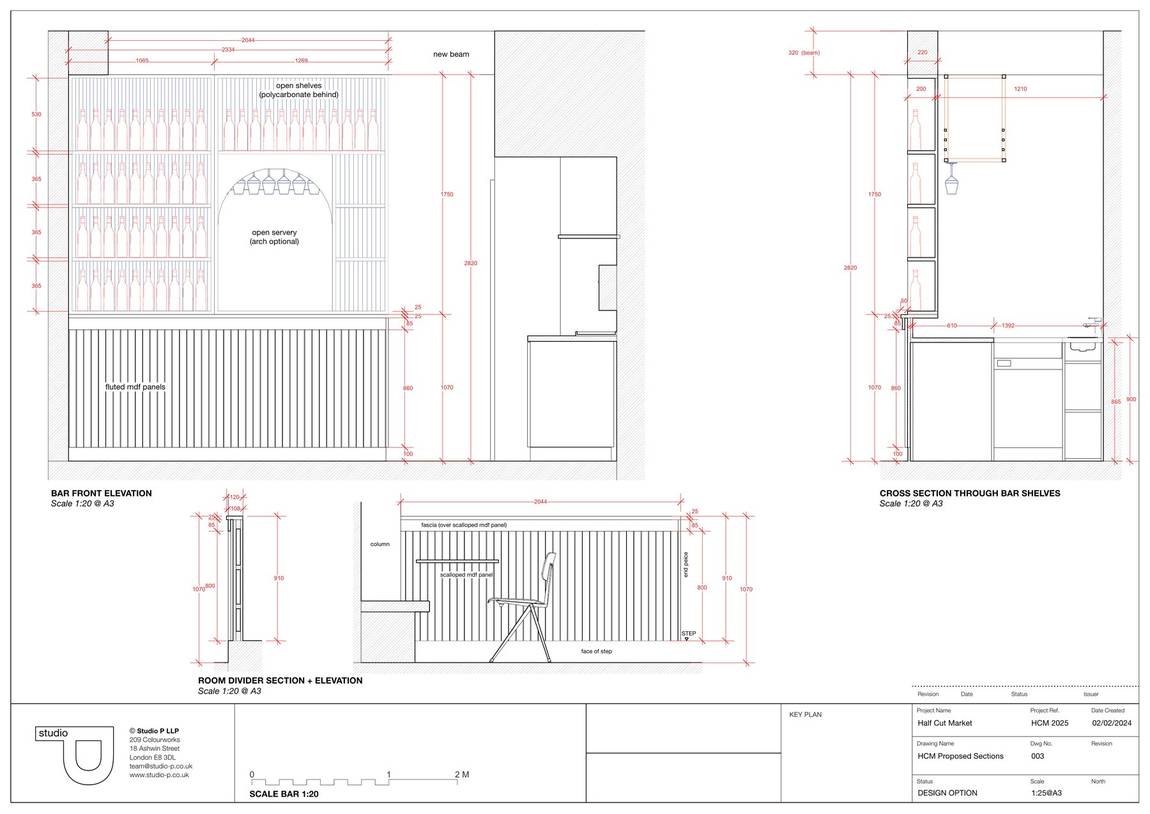 Setting-out drawing for the bar front, backbar and room divider, issued by Studio P