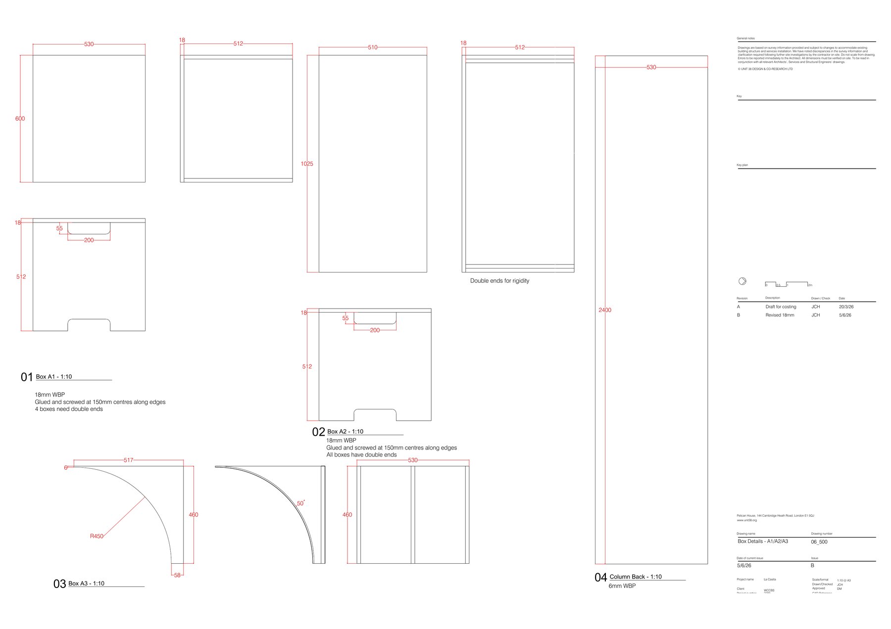 Box detail drawing for the marine-ply modules, types A1 to A3 and the column back
