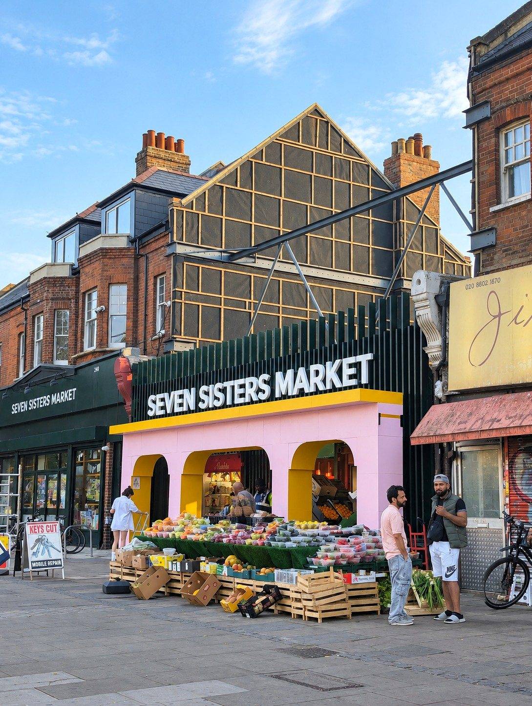The full storefront, in the evening light