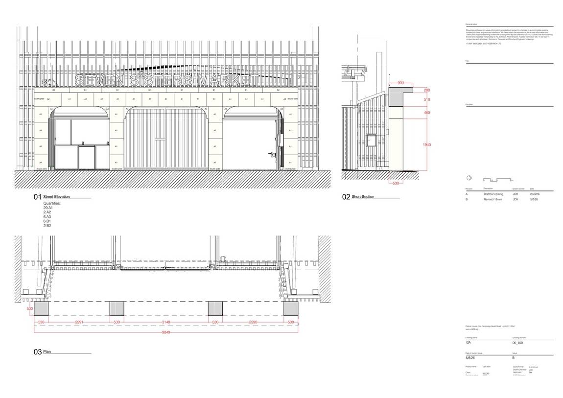 General arrangement drawing showing the street elevation, section and plan for the Seven Sisters Market storefront