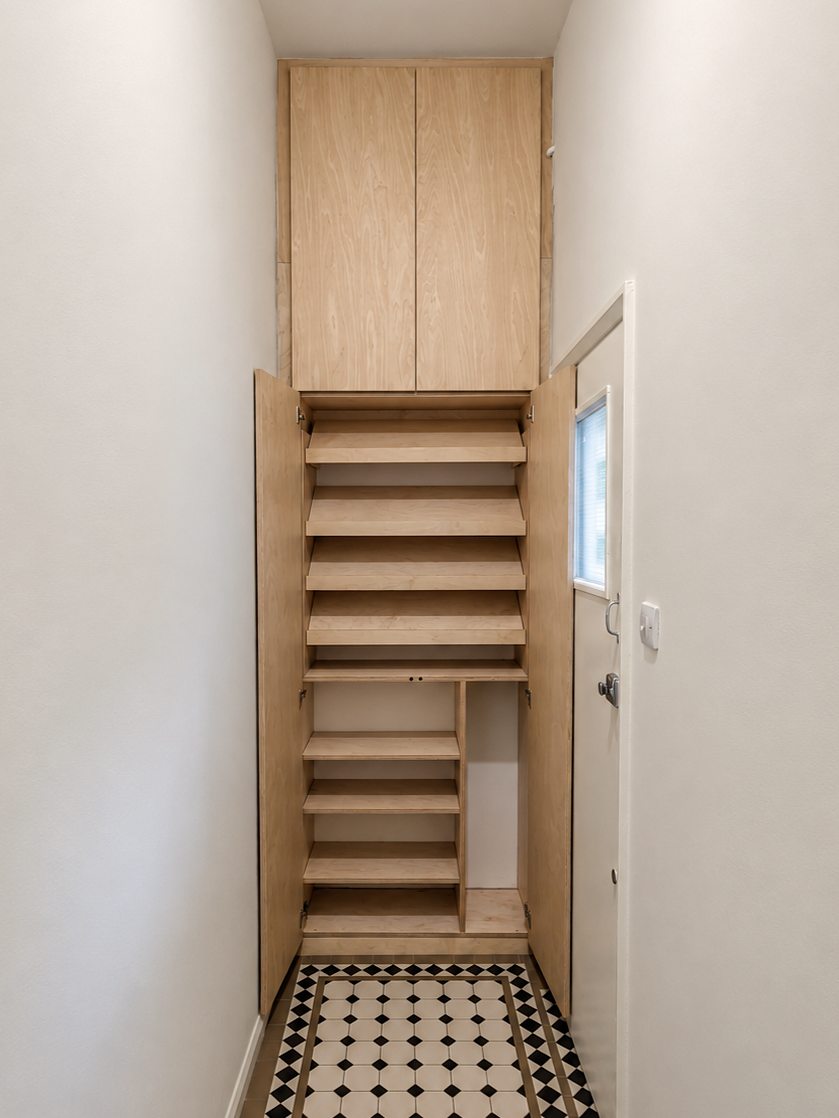 The cupboard with its lower doors open, showing the angled shelving inside