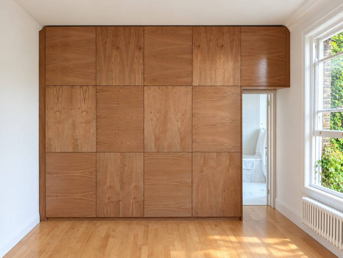 Front elevation of the cherry-veneered wardrobe wall, showing the alternating grain across the door fronts